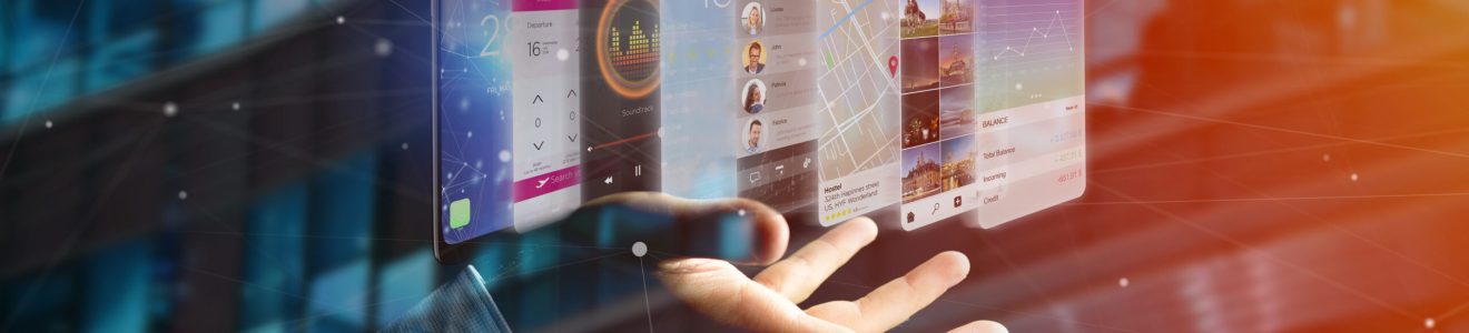 View of a Businessman holding 3d rendering app template on a smartphone